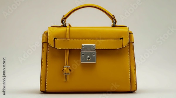Fototapeta A yellow leather handbag with a metal lock, against a white background. High-resolution product photography, with studio lighting, capturing the bag in high detail and exceptional quality