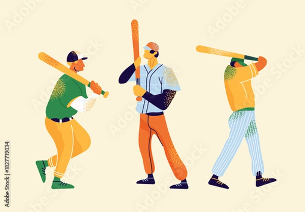 Fototapeta Baseball Players Hitting Pose Set. Three Batters in Uniforms Holding Bats, Ready to Swing. Flat Vector Illustration of Sports Activity and Game.  American team sport competition concept. 