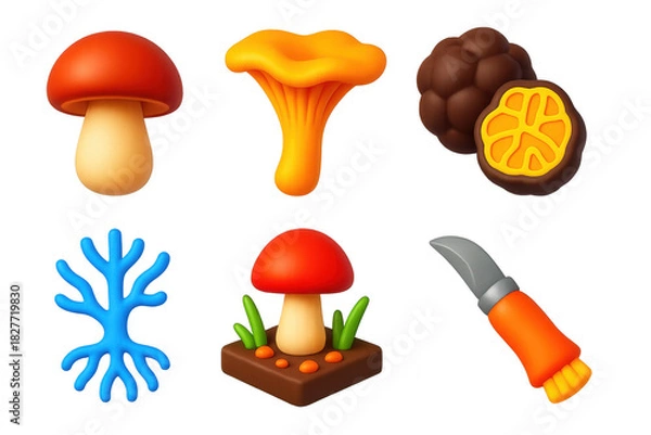 Fototapeta 3D Edible Fungi Icons. 3D icon set of edible fungi: porcini mushroom, chanterelle, truffle, mycelium root, forest floor, mushroom