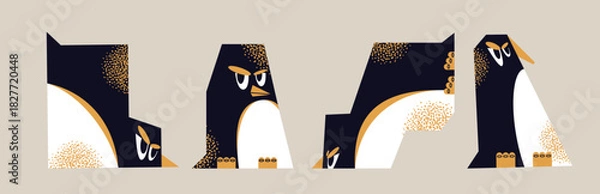 Fototapeta Set of abstract geometric stylized penguin characters isolated on background. Funny sad birds, winter wildlife, annoyed faces concept. Vector flat illustration
