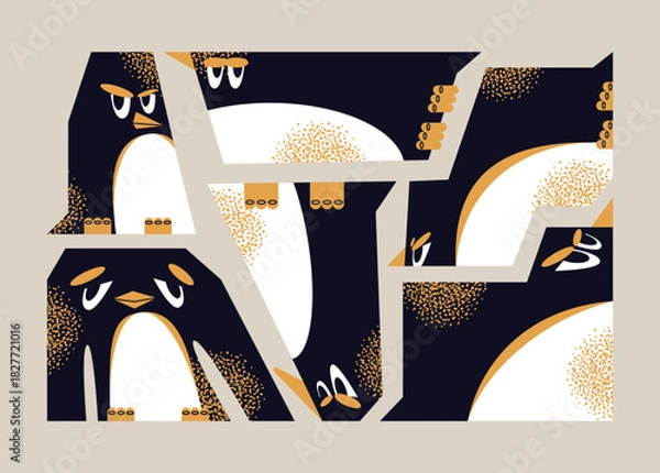 Fototapeta Set of abstract geometric stylized penguin characters isolated on background. Funny sad birds, winter wildlife, annoyed faces concept. Vector flat illustration