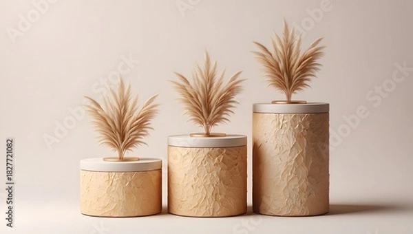 Obraz Three decorative vases with dried pampas grass on pedestals