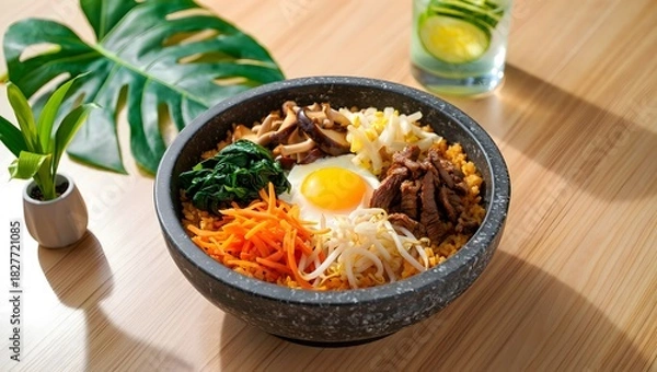 Obraz Delicious korean bibimbap served in a stone bowl with fresh vegetables and egg