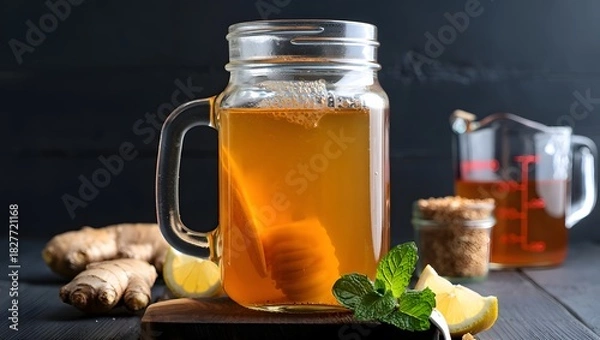 Obraz Refreshing ginger turmeric drink with lemon and mint in a mason jar