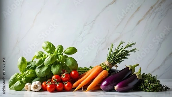 Obraz Fresh garden vegetables and herbs arranged on a marble surface