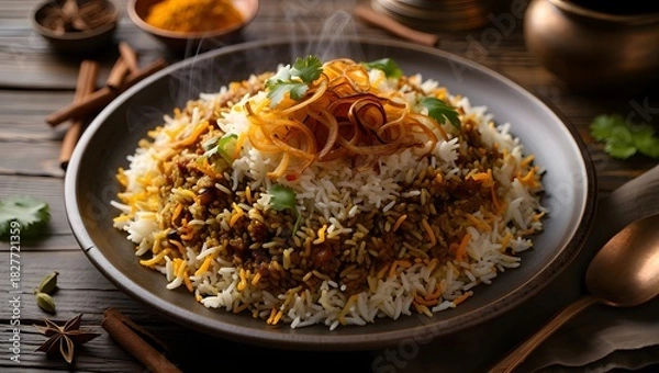 Obraz Delicious chicken biryani served in a rustic bowl with aromatic spices