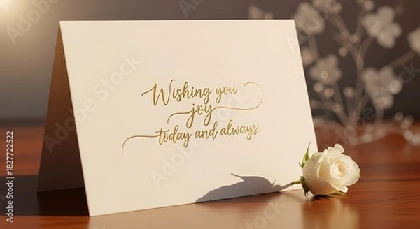 Obraz Greeting Card with Rose: A delicate greeting card is elegantly paired with a pristine rose, set against a blurred floral background. The card bears a heartfelt message.