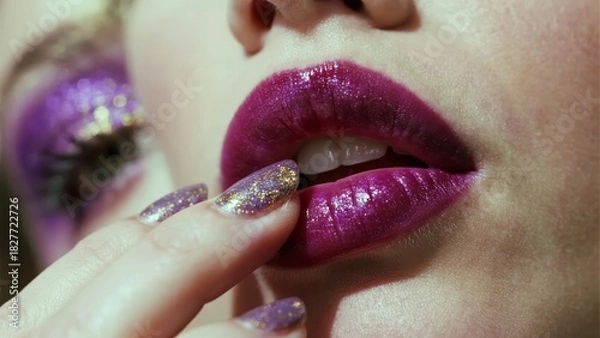 Fototapeta Close-up of a person applying glittery purple lipstick with matching nail polish and eye makeup