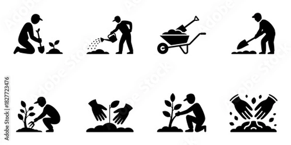 Obraz Set of gardening icons showing planting and growing plants, simple black vector for agricultural and environmental concepts