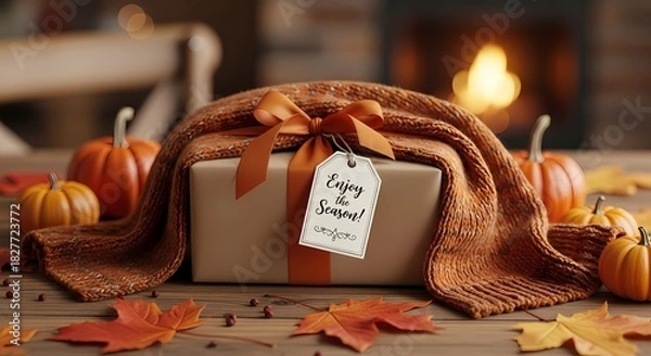 Obraz Autumnal gift in warm ambiance: A meticulously wrapped gift adorned with an elegant orange bow and a heartwarming tag, enveloped by a cozy scarf.