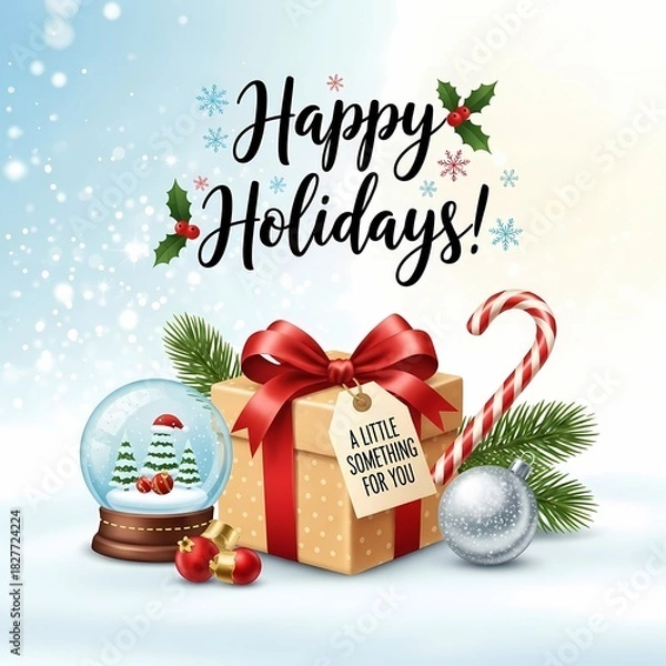 Obraz Happy Holidays Gift Collection: A festive scene, displaying a beautifully wrapped gift box with a red bow, accompanied by holiday ornaments. Evokes joy and anticipation for the season.