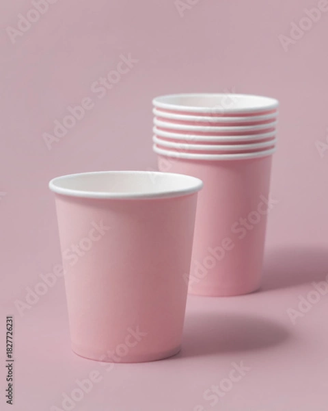 Fototapeta Disposable light pink paper cups closeup, mockup, copy space. No plastic biodegradable single-use