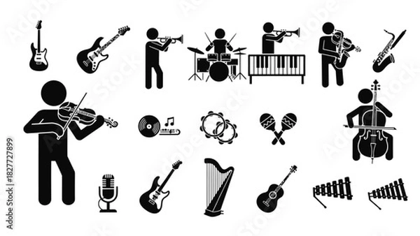 Fototapeta Musical instruments and musicians in black and white stick figures.