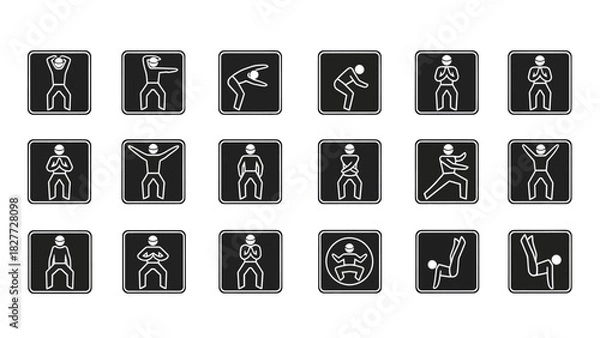 Fototapeta Collection of icons depicting various exercise poses on black backgrounds.