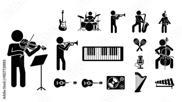 Fototapeta Stick figure musicians playing various instruments in black and white.