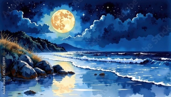 Fototapeta Moonlit beach scene with full moon captivating night view showcasing full moon casting its glow over tranquil coastal beach