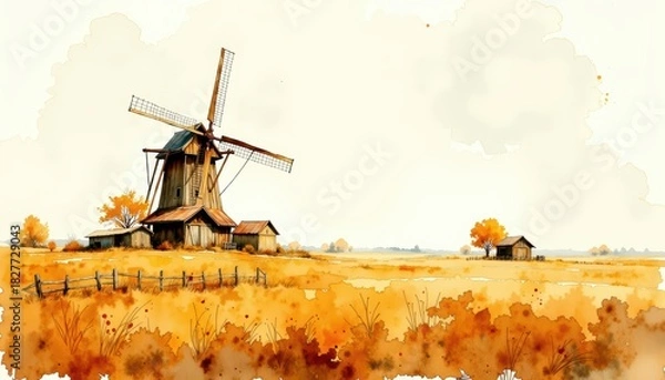 Fototapeta Windmill in field with fence windmill dominates wide field fence lines horizon framing tranquil rural vista