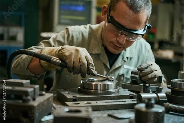 Fototapeta Technician working with precision tools in a workshop setting