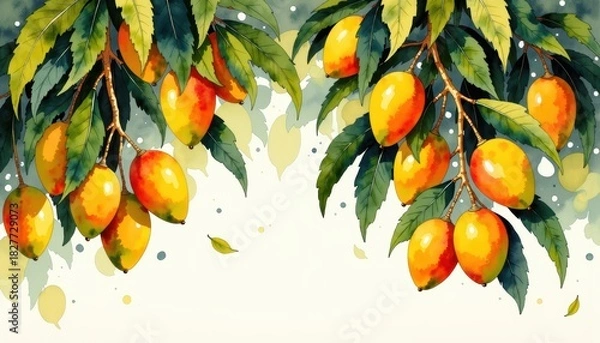 Obraz Vivid watercolor painting of mango tree branch laden with ripe tropical fruits detailed artwork captures the lush mango tree branch vibrant foliage and abundant ripe fruits
