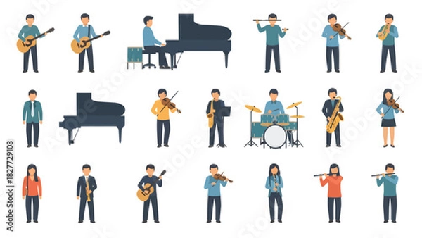 Fototapeta Illustration of musicians playing various instruments, including guitar, piano, flute, violin, accordion, drums, and saxophone.