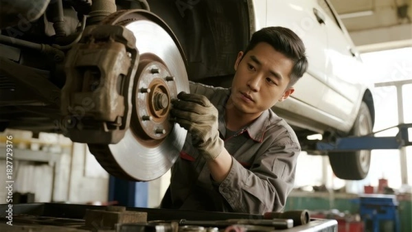 Obraz Mechanic inspecting brake disc on elevated vehicle in workshop