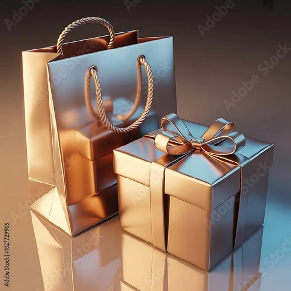 Fototapeta Elegant gift box with shimmering bow and matching shopping bag creates a luxurious feeling perfect for holiday promotions, special occasions, and retail campaigns