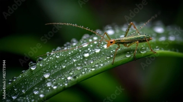 Obraz Small grasshopper on dewy leaf