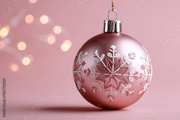 Fototapeta Pink Christmas ornament with snowflake design on soft background  