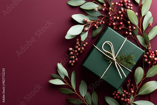 Fototapeta Green gift box wrapped with twine and surrounded by festive greenery  