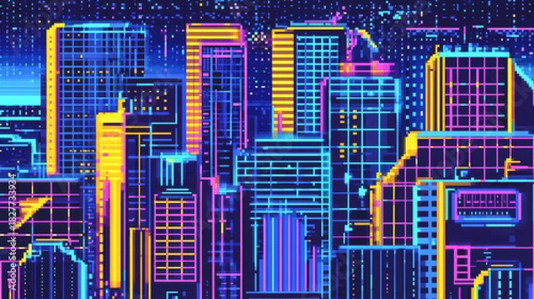 Obraz Vibrant abstract pixel art cityscape with retro geometry in neon colors. concept of futuristic urbanism, digital aesthetics, nostalgia