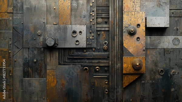 Fototapeta Abstract steampunk background showcasing intricate metallic textures and industrial design elements. concept of industrial design, vintage aesthetics, retro futurism