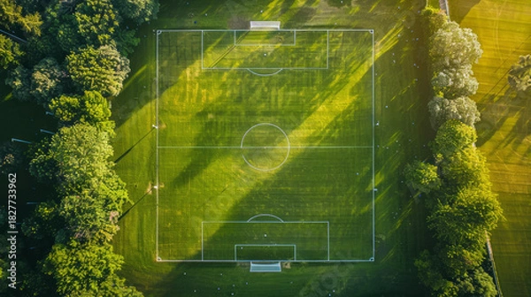 Fototapeta Aerial View of Lush Green Soccer Field Surrounded by Trees, Highlighting the Perfect Summer Day for Outdoor Sports, Recreation, and Nature Enthusiasts