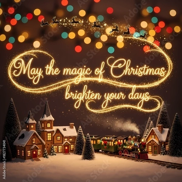 Obraz Holiday Greetings: A heartwarming Christmas card, a luminous message illuminating the night, with a delightful festive train passing snowy houses and evergreen trees. 