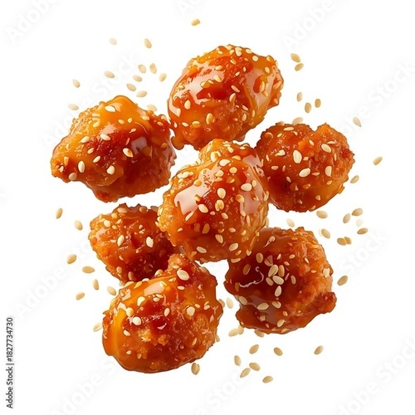Obraz Delicious Appetizing Sesame Chicken Pieces with Sweet and Savory Sauce are Floating in Air Ready to be Served Appetizer Dish with Fried Chicken and Sesame Seeds