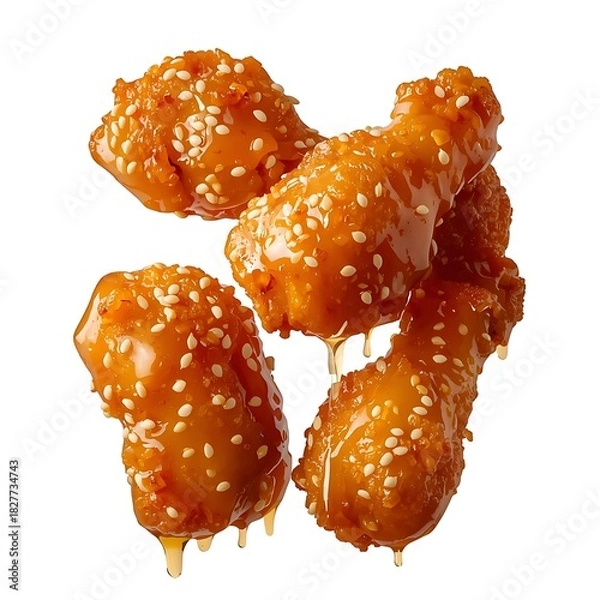 Obraz Appetizing Sesame Chicken Pieces Coated with Sweet Sauce Served as Tasty Finger Food Asian Cuisine Fried Chicken with Sesame Seeds Sprinkled on Top Ready to Eat