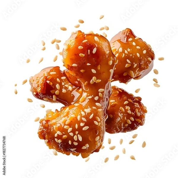 Obraz Delicious Sesame Chicken Pieces Glazed with Savory Sauce Floating in Air Ready to be Served Prepared Food with Fried Chicken and Sesame Seeds Sprinkled on Top