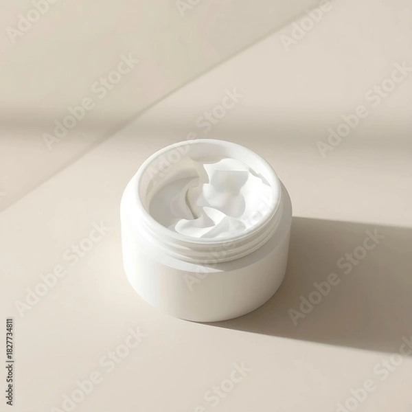 Obraz Open Jar of Facial Cream on Beige Surface in Natural Light Studio Shot Displaying Moisturizing Attributes and Skincare Benefits with Shadow 190char