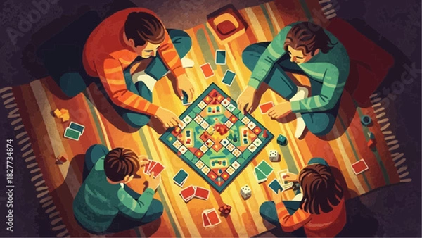 Fototapeta Vector illustration of a family enjoying a board game during a cozy winter Christmas evening at home