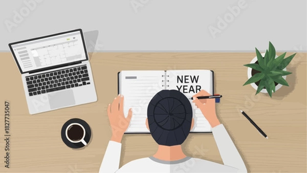 Obraz Top view of a person writing New Year resolutions during the winter Christmas season, a flat vector illustration of goal setting