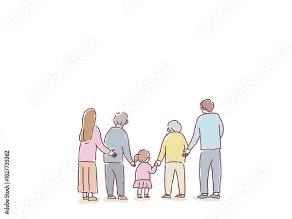 Obraz 五人家族の後ろ姿、背中（祖父、祖母、夫婦、孫、娘）