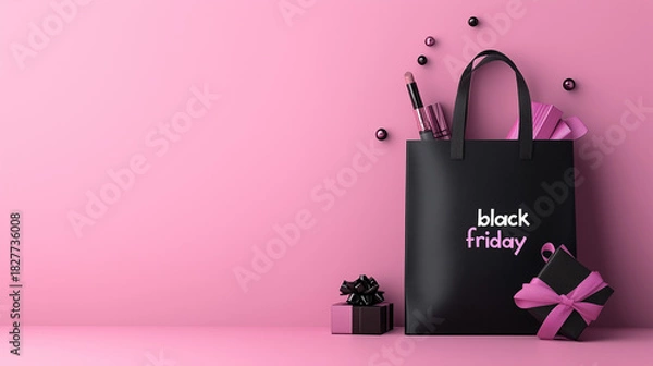 Obraz Makeup Items Emerging from Stylish Black Bag on Pink Surface