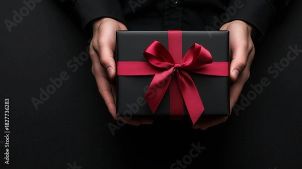 Obraz Man Presenting Elegant Black Gift Box for Celebration