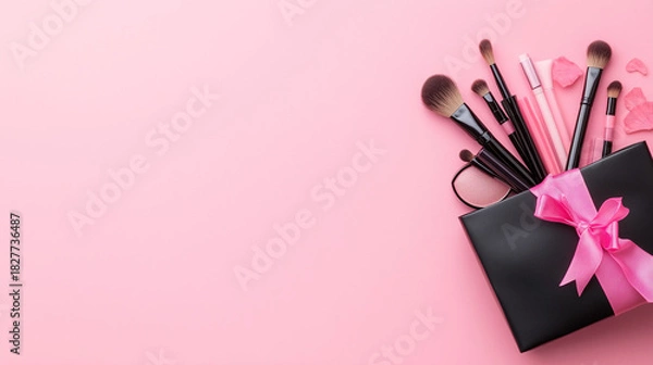 Obraz Beauty Gift Bag Filled with Makeup Essentials on Pink Background