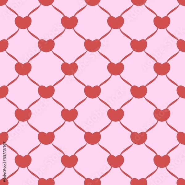 Fototapeta Seamless pattern of red hearts in lattice grid. Cute and soft romantic background for Valentine's Day, wedding, baby shower, or textile design.