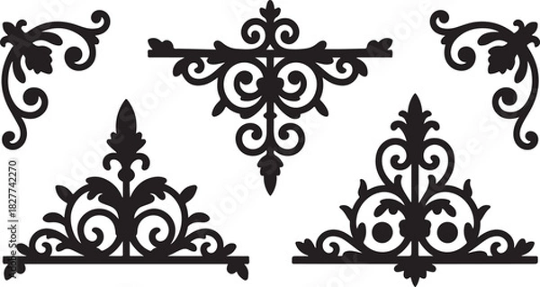 Obraz Black Ornate Decorative Corner Elements and Centerpiece on White Background scrollwork