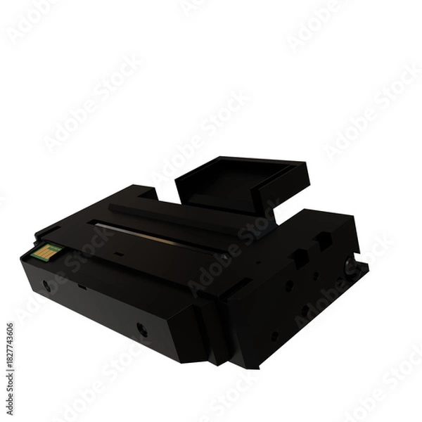 Fototapeta 3D-rendered black ink cartridge created in Blender and designed as an original model. The image shows a clean, suitable for use in printing-related designs, technology illustrations, product mockups