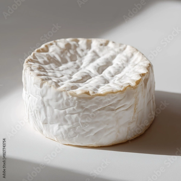 Obraz round wheel of soft cheese, likely a brie or camembert, presented in a minimalistic and photorealistic style. The focus is on the texture, lighting, and natural details of the cheese, creating a clean