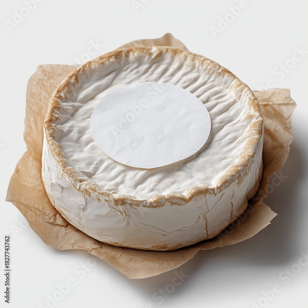 Obraz round wheel of soft cheese, likely a brie or camembert, presented in a minimalistic and photorealistic style. The focus is on the texture, lighting, and natural details of the cheese, creating a clean