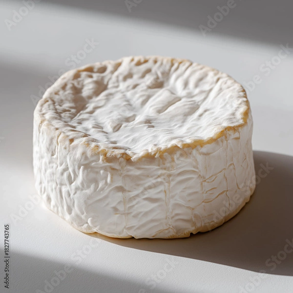 Obraz round wheel of soft cheese, likely a brie or camembert, presented in a minimalistic and photorealistic style. The focus is on the texture, lighting, and natural details of the cheese, creating a clean