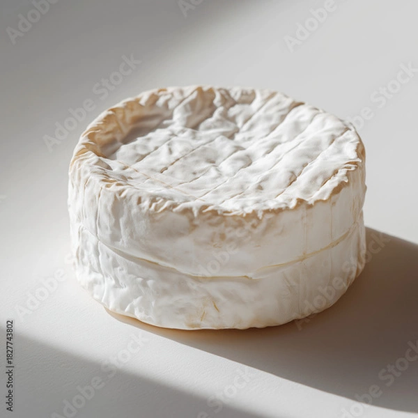 Obraz round wheel of soft cheese, likely a brie or camembert, presented in a minimalistic and photorealistic style. The focus is on the texture, lighting, and natural details of the cheese, creating a clean